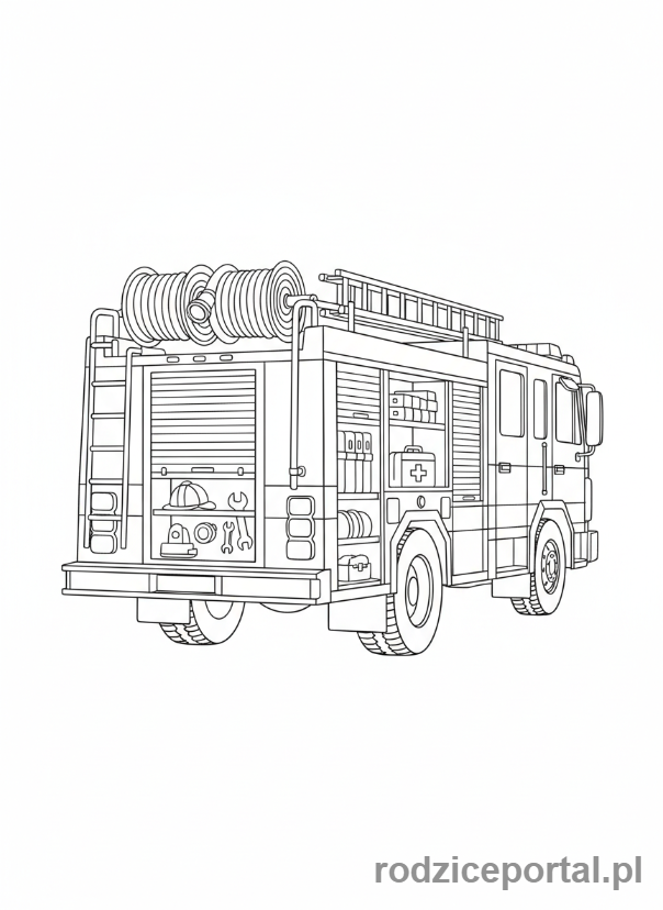 Kolorowanka Straż Pożarna - Wóz strażacki z tyłu.