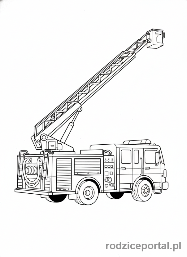 Kolorowanka Straż Pożarna - Wóz strażacki z wysuniętą drabiną.