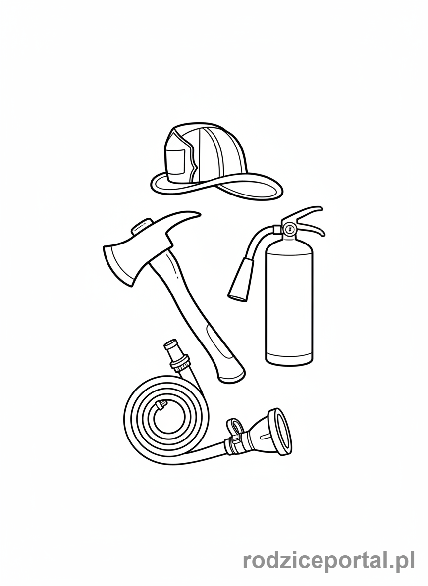 Kolorowanka Straż Pożarna - Zestaw narzędzi strażackich.