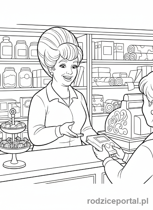 Kolorowanka Strażak Sam - Dilys Price obsługująca klienta w swoim sklepie, przyjazna interakcja.