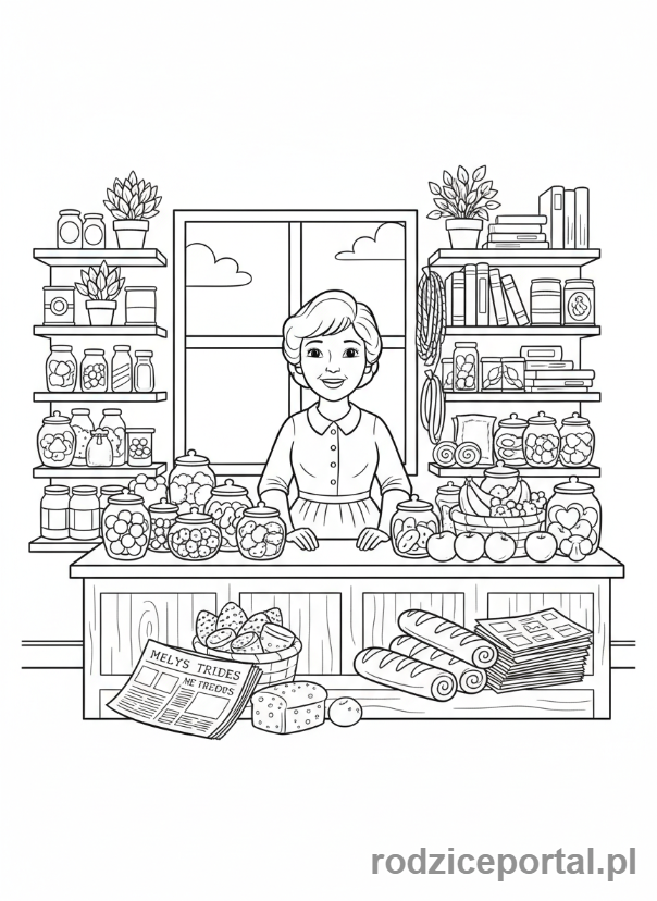 Kolorowanka Strażak Sam - Dilys Price w swoim sklepie, za ladą, uśmiechnięta do klienta.
