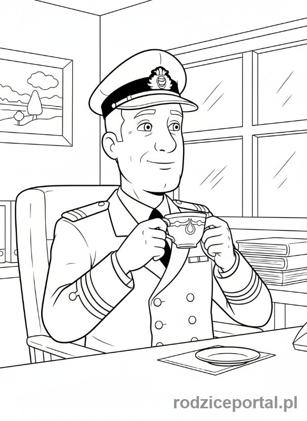 Kolorowanka Strażak Sam - Główny dowódca Steele pijący herbatę w swoim biurze, zrelaksowany.