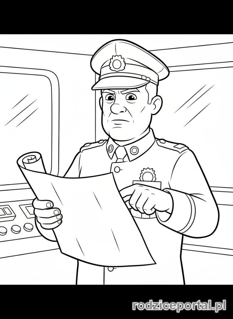 Kolorowanka Strażak Sam - Główny dowódca Steele wydający instrukcje, autorytatywna poza, z mapą.