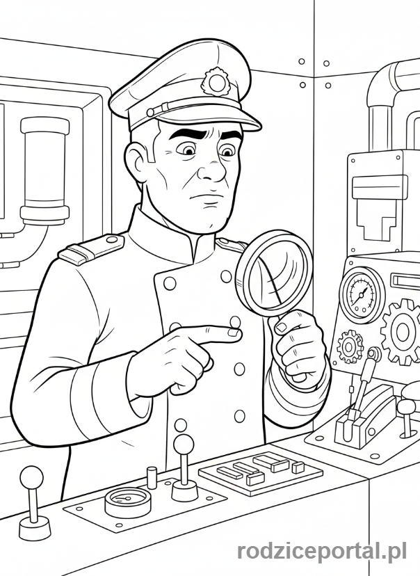 Kolorowanka Strażak Sam - Główny dowódca Steele, zbliżenie, sprawdzający sprzęt zamyśloną miną.