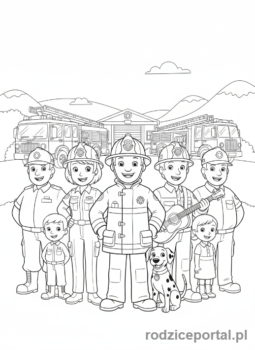 Kolorowanka Strażak Sam - Grupowe zdjęcie całego zespołu ratunkowego Pontypandy, wszyscy uśmiechnięci.