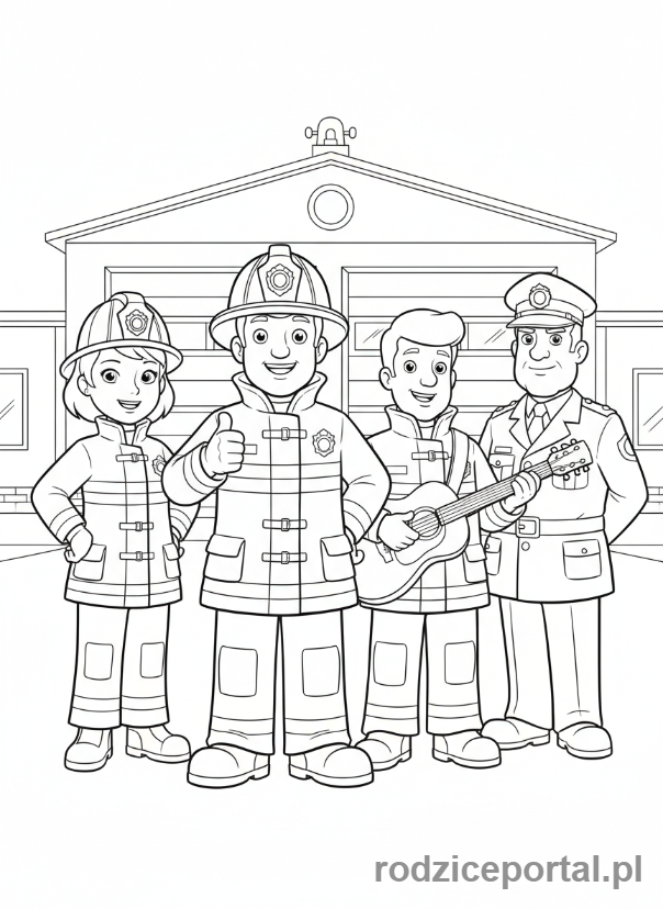 Kolorowanka Strażak Sam - Grupowe zdjęcie zespołu strażaków: Sam, Elvis, Penny, Steele, w remizie.