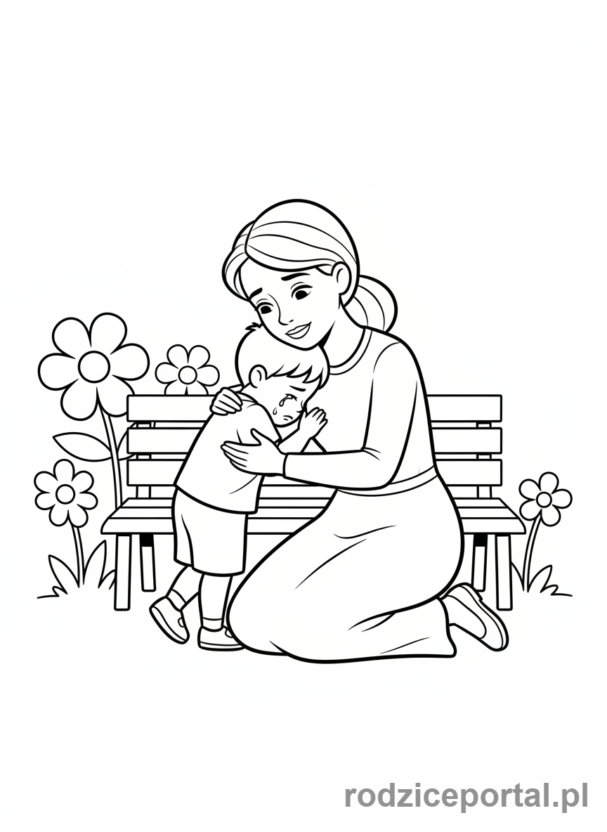 Kolorowanka Strażak Sam - Helen Flood pocieszająca płaczące dziecko, empatyczna postawa.