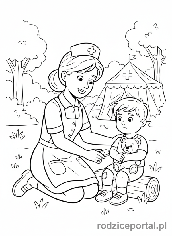 Kolorowanka Strażak Sam - Helen Flood w mundurze pielęgniarki, udzielająca pierwszej pomocy dziecku.