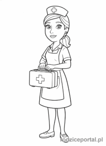 Kolorowanka Strażak Sam - Helen Flood z apteczką, gotowa do udzielenia pomocy, pełna spokoju.