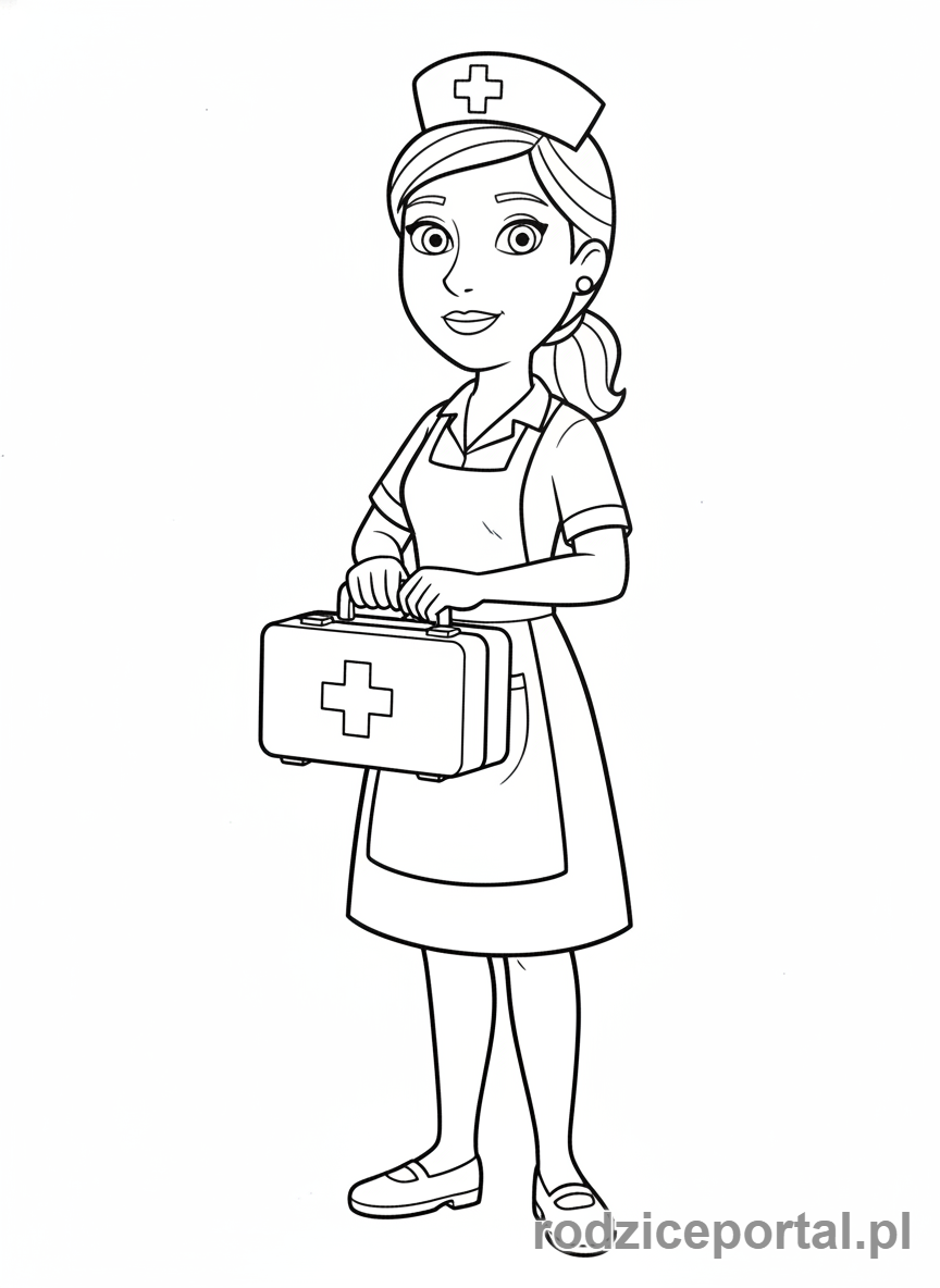 Kolorowanka Strażak Sam - Helen Flood z apteczką, gotowa do udzielenia pomocy, pełna spokoju.