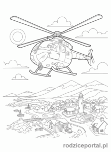 Kolorowanka Strażak Sam - Helikopter Wallaby One lecący nad miasteczkiem Pontypandy, widok z dołu.