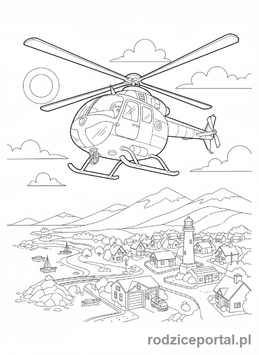 Kolorowanka Strażak Sam - Helikopter Wallaby One lecący nad miasteczkiem Pontypandy, widok z dołu.