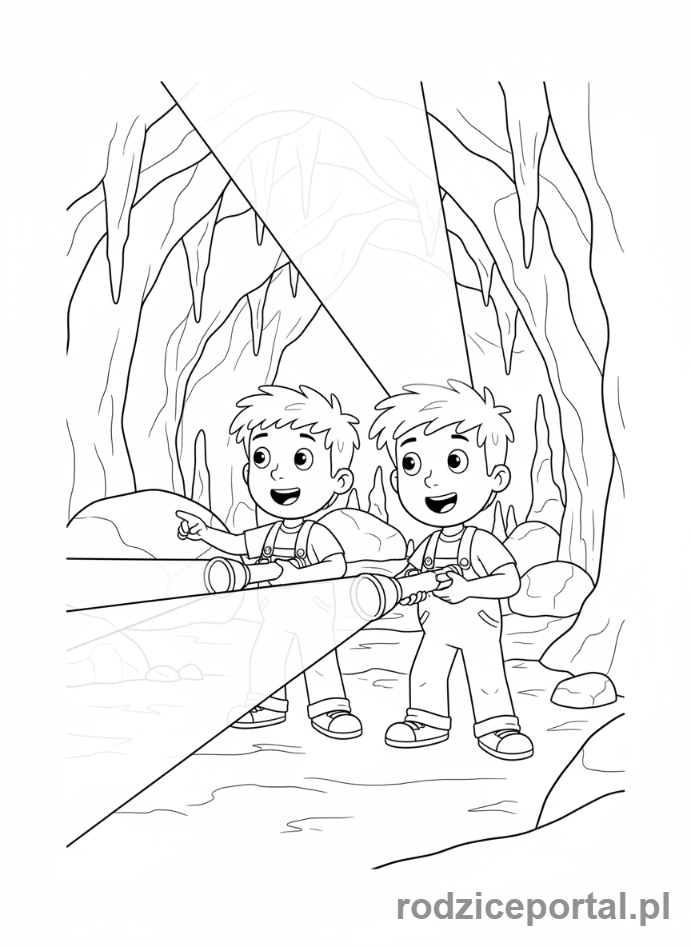 Kolorowanka Strażak Sam - James i Norman eksplorujący jaskinię z latarkami, ekscytująca scena.