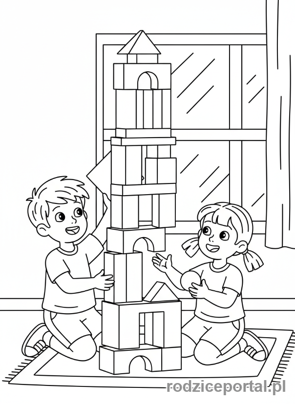 Kolorowanka Strażak Sam - James i Sarah budujący dużą wieżę z klocków, radosna zabawa.