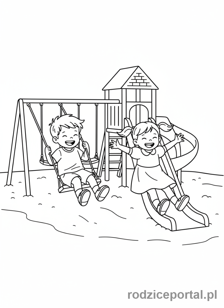 Kolorowanka Strażak Sam - James i Sarah Jones bawiący się na placu zabaw, całe postacie.