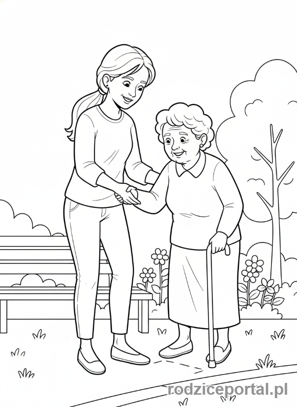 Kolorowanka Strażak Sam - Mandy Flood pomagająca starszej osobie, cała postać, życzliwa postawa.