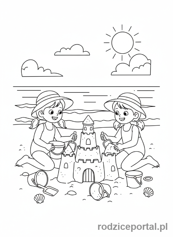 Kolorowanka Strażak Sam - Mandy i Sarah budujące zamek z piasku na plaży, radosna scena.
