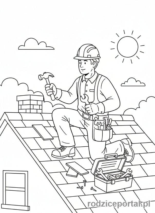 Kolorowanka Strażak Sam - Mike Flood naprawiający dach, w akcji, skupiony na pracy.