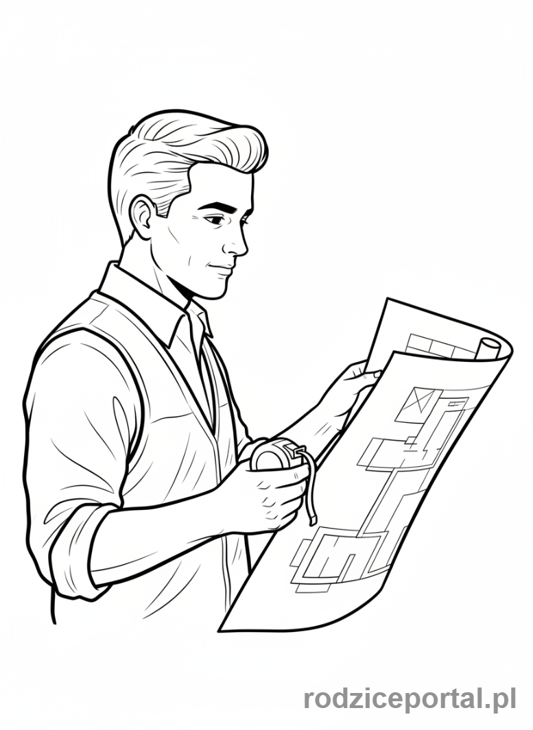 Kolorowanka Strażak Sam - Mike Flood z miarką, planujący budowę, skupiony wyraz twarzy.