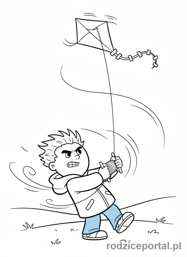 Kolorowanka Strażak Sam - Norman Price próbujący puścić latawiec na wietrznym polu, cała postać.