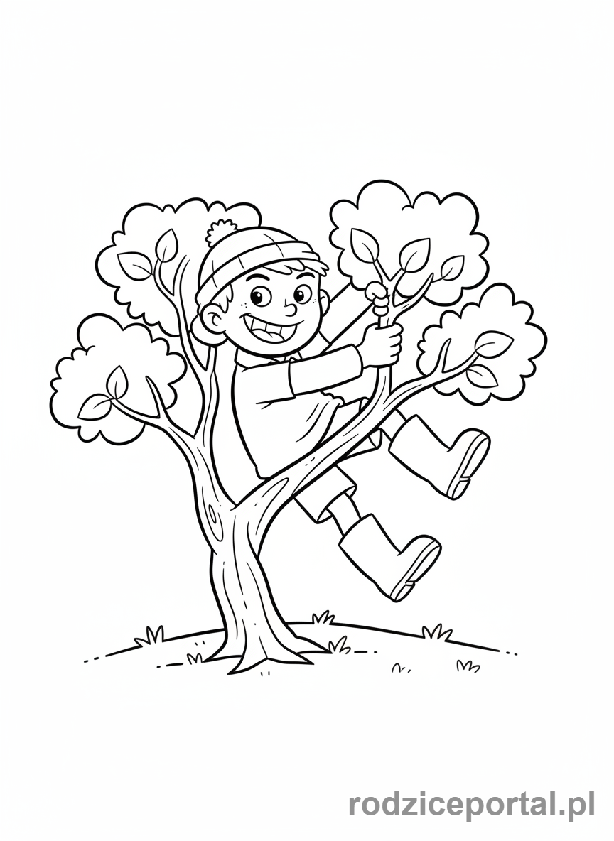 Kolorowanka Strażak Sam - Norman Price próbujący wspiąć się na małe drzewo, zabawna sytuacja.