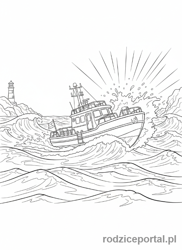 Kolorowanka Strażak Sam - Łódź ratunkowa Pontypandy na wzburzonym morzu, odważna załoga.