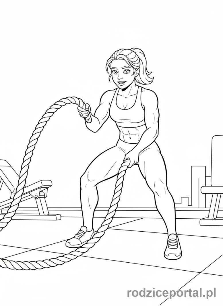 Kolorowanka Strażak Sam - Penny Morris trenująca wspinaczkę na linie, dynamiczna poza.
