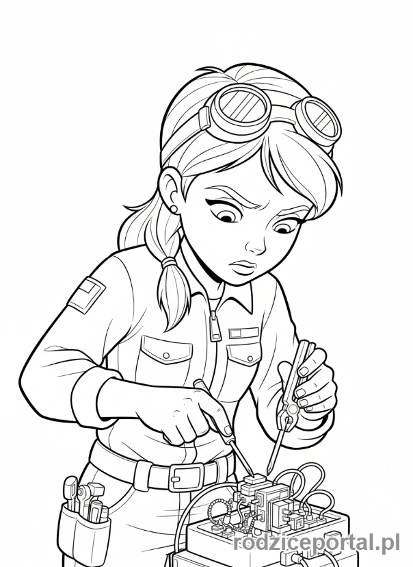 Kolorowanka Strażak Sam - Penny Morris, zbliżenie, naprawiająca mały element sprzętu, precyzyjna praca.