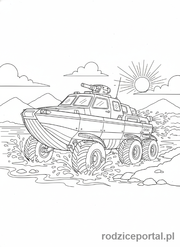 Kolorowanka Strażak Sam - Pojazd amfibijny Hydrus w wodzie i na lądzie, dynamiczny widok.