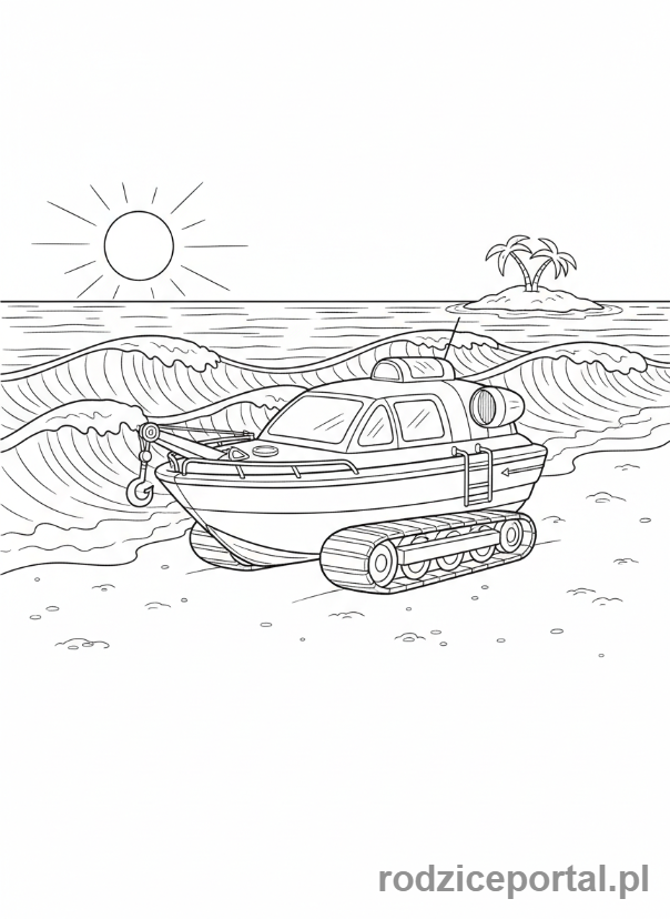 Kolorowanka Strażak Sam - Pojazd ratunkowy Venus na plaży, gotowy do akcji, pełny widok.