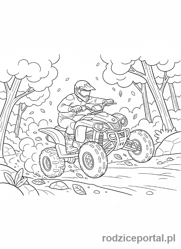Kolorowanka Strażak Sam - Quad Mercury jadący przez leśną ścieżkę, dynamiczny widok pojazdu.