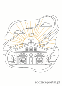 Kolorowanka Strażak Sam - Remiza strażacka o zachodzie słońca, malowniczy widok.