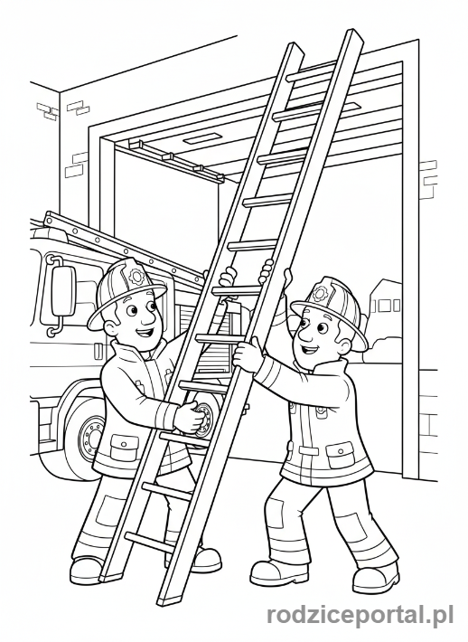 Kolorowanka Strażak Sam - Sam i Elvis ćwiczący z drabiną na remizie, zespołowa praca.