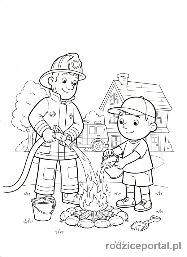 Kolorowanka Strażak Sam - Sam i Norman gaszący małe, kontrolowane ognisko, edukacyjna scena.