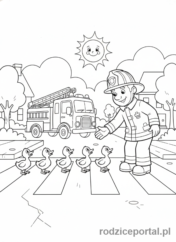 Kolorowanka Strażak Sam - Sam pomagający kaczuszkom przejść przez ulicę, opiekuńcza scena.