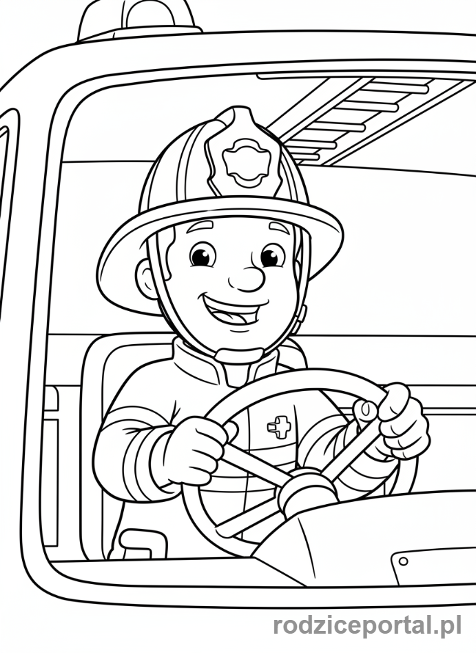 Kolorowanka Strażak Sam - Sam prowadzący wóz strażacki Jupiter, zbliżenie na twarz, wesoły wyraz.