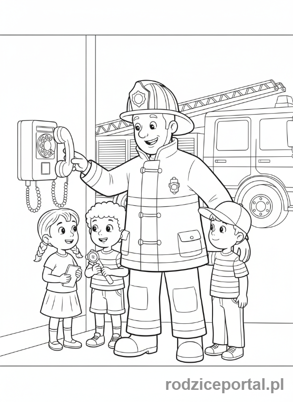 Kolorowanka Strażak Sam - Sam uczący dzieci, jak wezwać służby ratunkowe, wskazujący telefon.