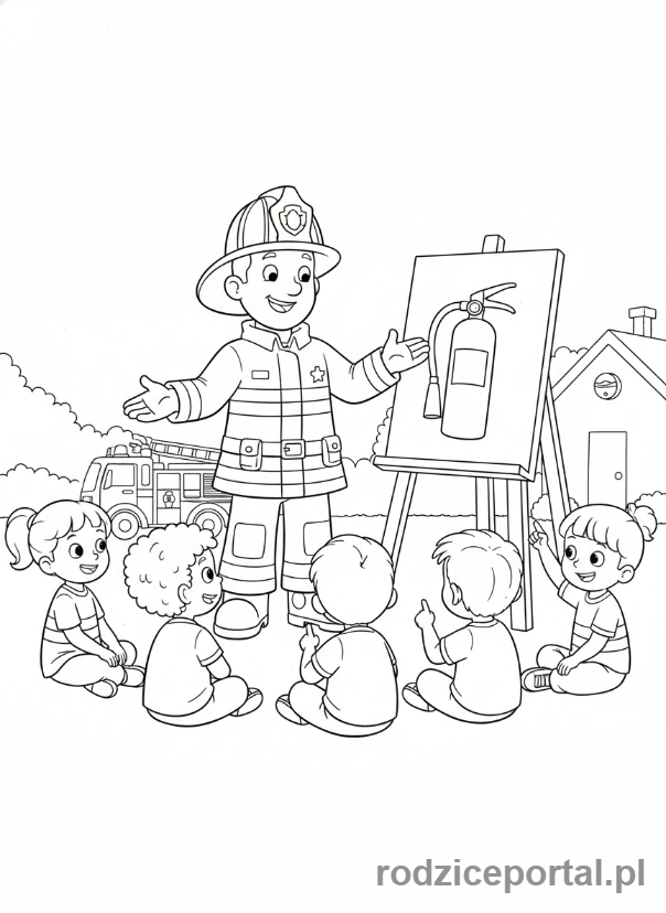 Kolorowanka Strażak Sam - Sam uczący dzieci o bezpieczeństwie pożarowym, grupowa scena edukacyjna.