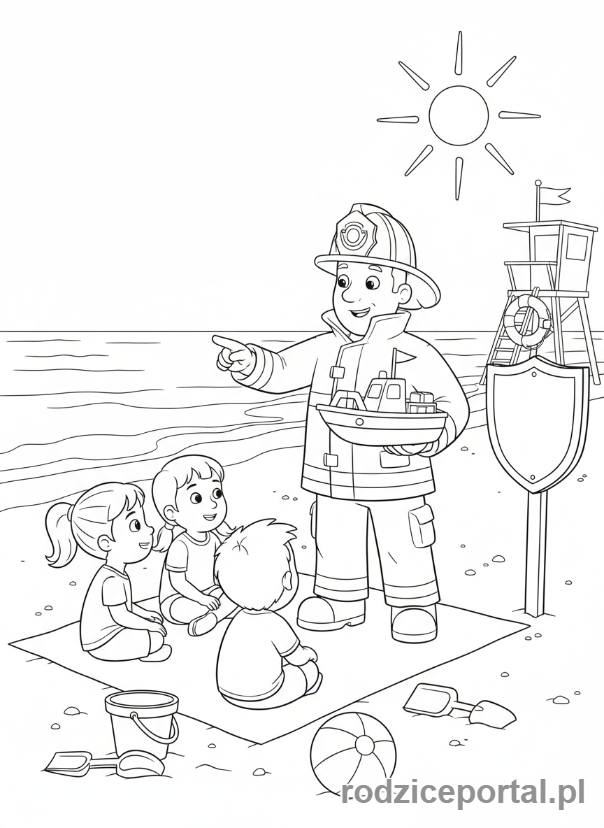Kolorowanka Strażak Sam - Sam uczący o bezpieczeństwie wodnym na plaży, z modelem łodzi.