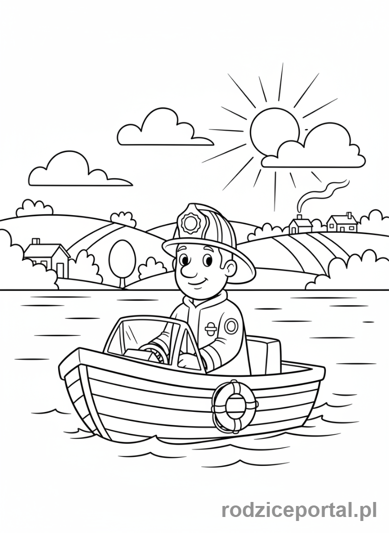 Kolorowanka Strażak Sam - Sam w łodzi ratunkowej na jeziorze, patrolujący spokojne wody.