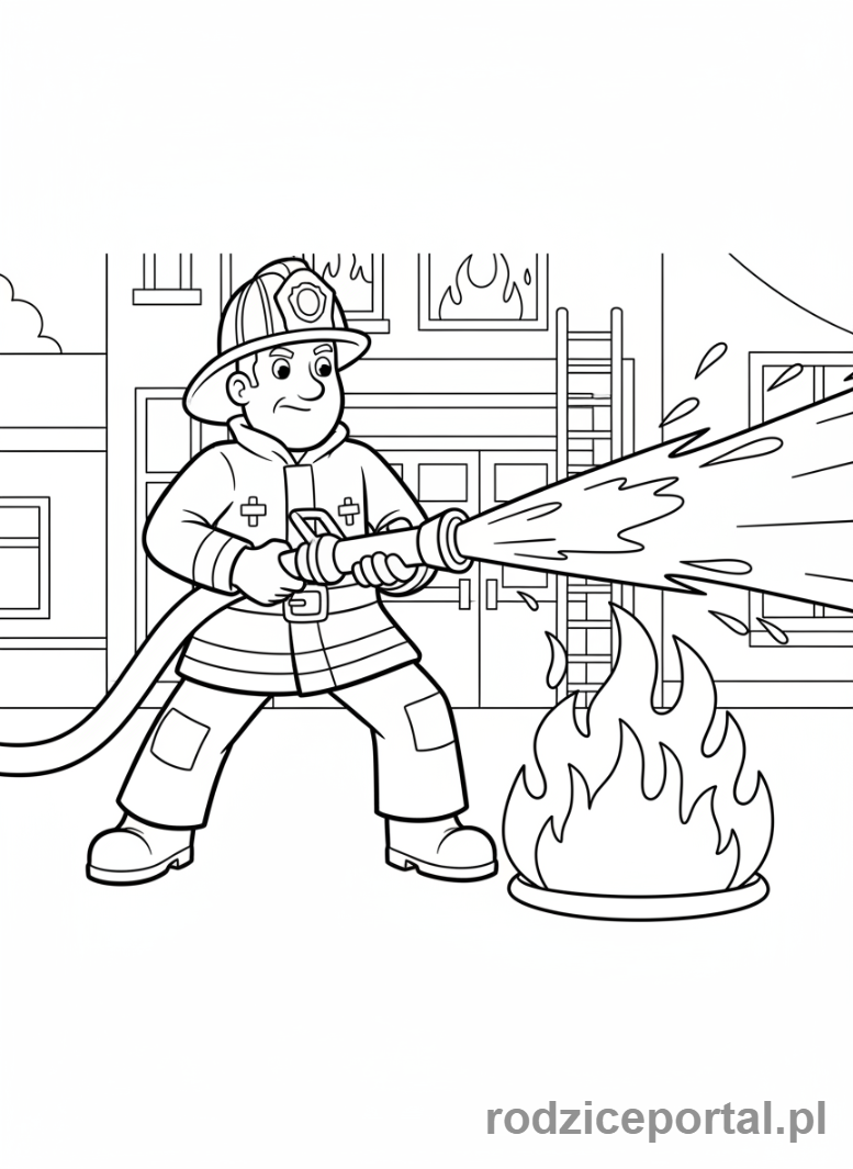 Kolorowanka Strażak Sam - Sam z wężem strażackim, dynamiczna scena gaszenia pożaru, cała postać.