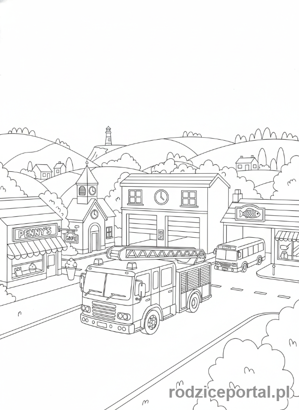 Kolorowanka Strażak Sam - Scena miasteczka Pontypandy z zaparkowanym wozem Jupiter, szeroki kadr.