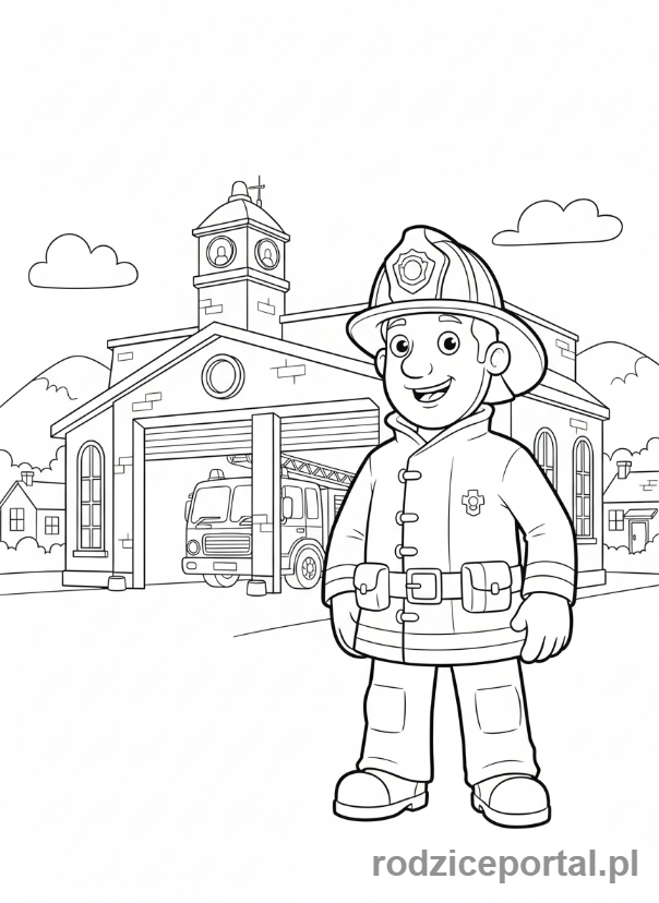 Kolorowanka Strażak Sam - Strażak Sam, cała postać, w uśmiechniętej pozie, na tle remizy strażackiej.