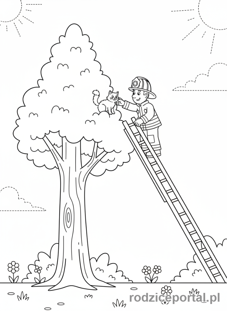 Kolorowanka Strażak Sam - Strażak Sam ratujący kotka z drzewa