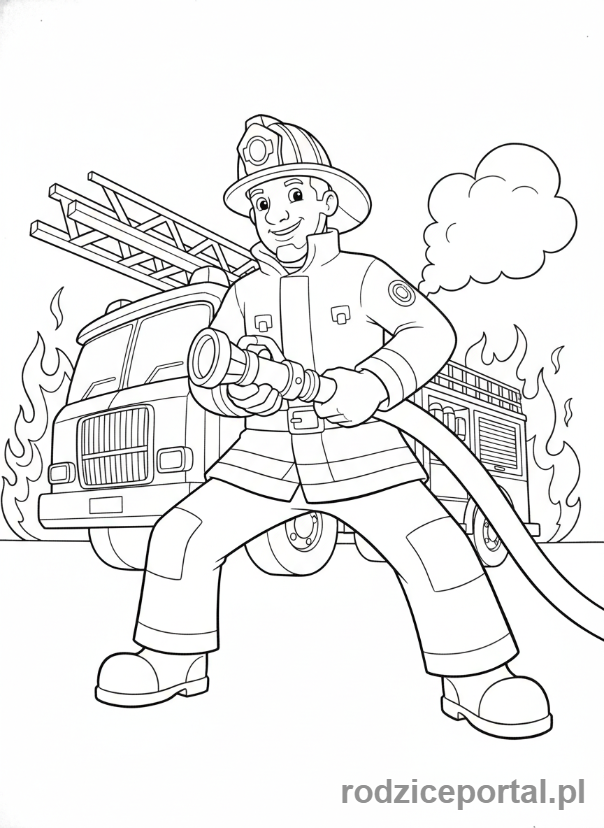 Kolorowanka Strażak Sam - Strażak Sam trzymający wąż strażacki
