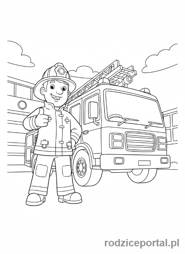 Kolorowanka Strażak Sam - Strażak Sam ze swoim wozem strażackim Jupiter