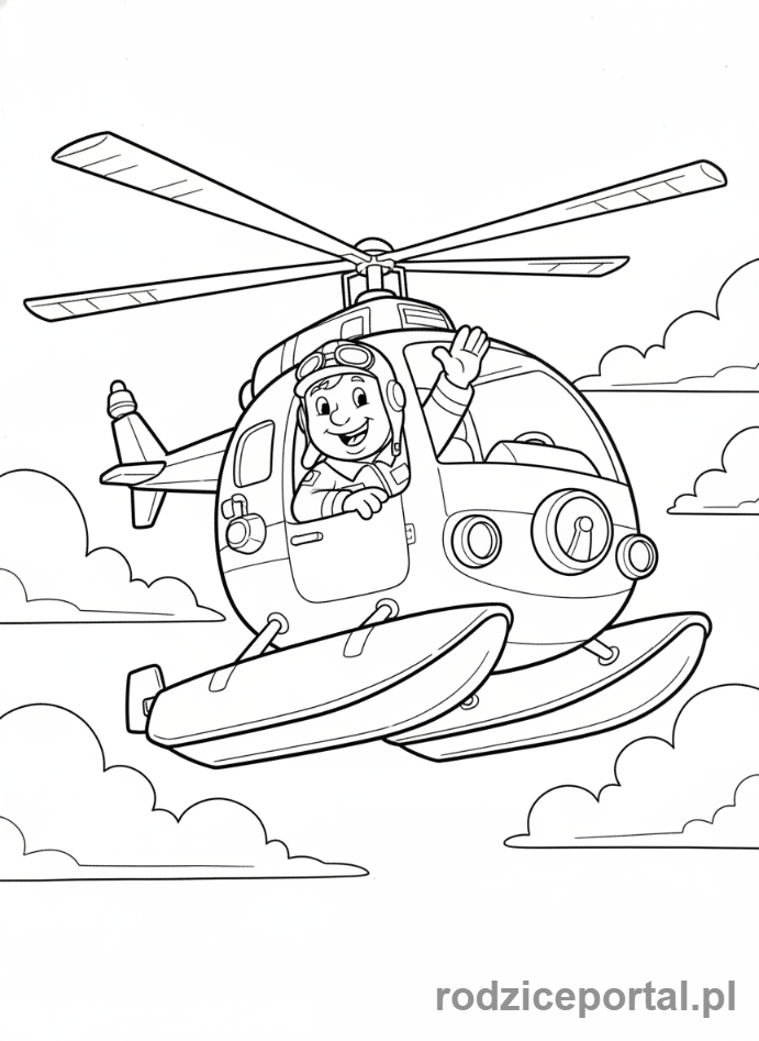 Kolorowanka Strażak Sam - Tom Thomas machający z Wallaby One lecącego wysoko na tle chmur.