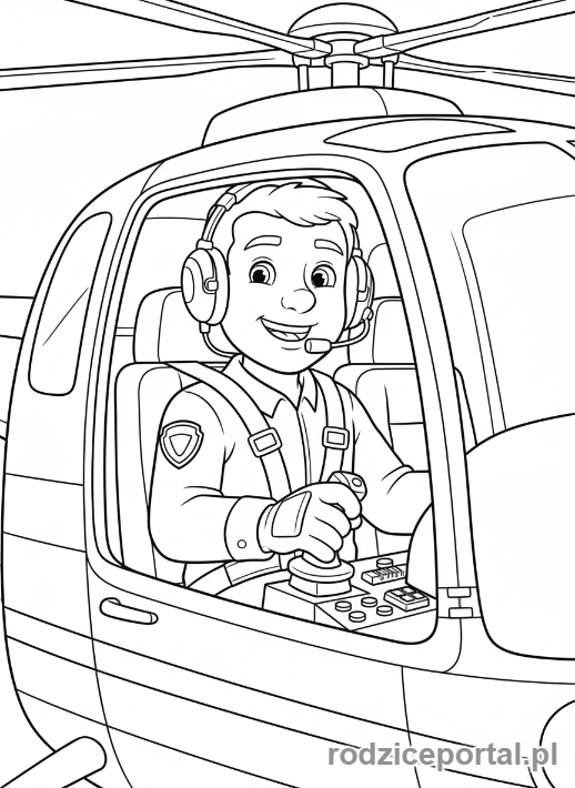 Kolorowanka Strażak Sam - Tom Thomas w kokpicie Wallaby One, zbliżenie na uśmiechniętą twarz.