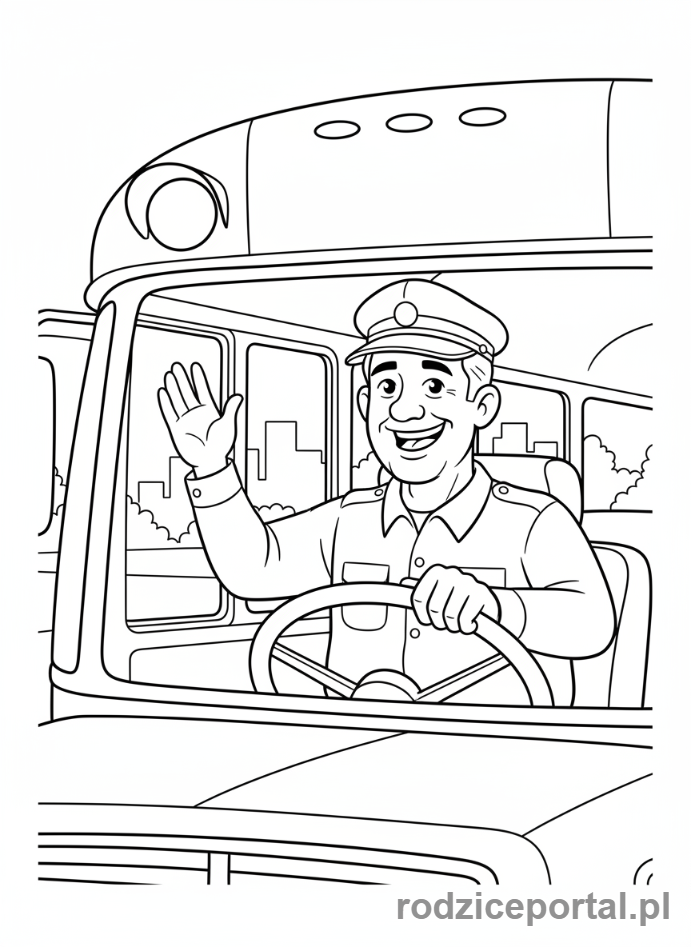 Kolorowanka Strażak Sam - Trevor Evans, kierowca autobusu, wesoło machający zza kierownicy.
