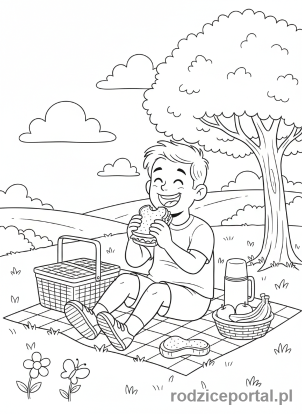 Kolorowanka Strażak Sam - Trevor Evans na pikniku, jedzący kanapkę z uśmiechem, relaksująca scena.